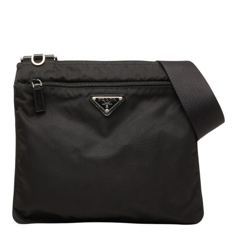 Prada Triangle Plate Crossbody Bag Black Leather